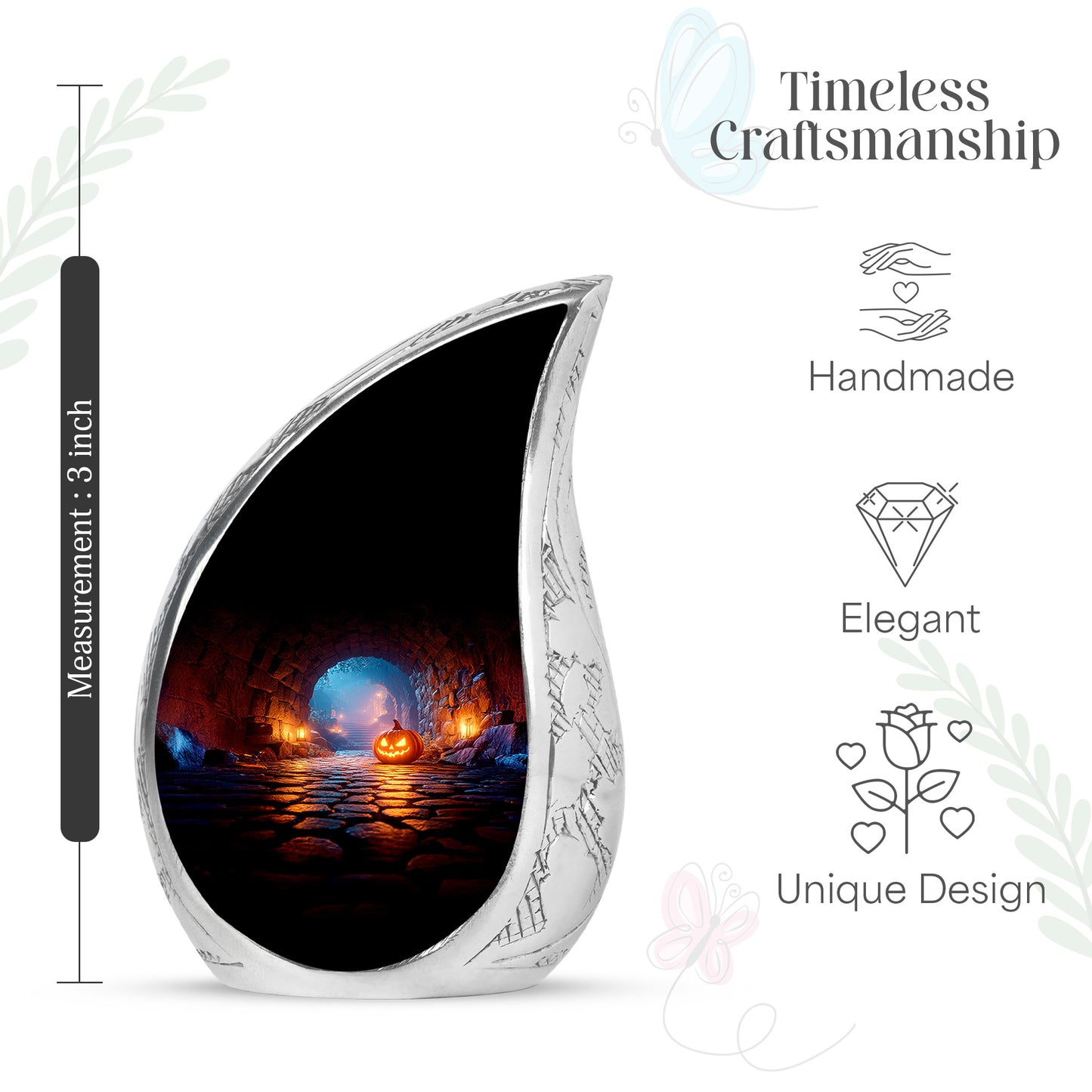 Ebony Halloween Cremation Urn angled view of lid and engraved motif - rounded teardrop halloween design with delicate detail - mini keepsake memorial for portion of cremation ashes