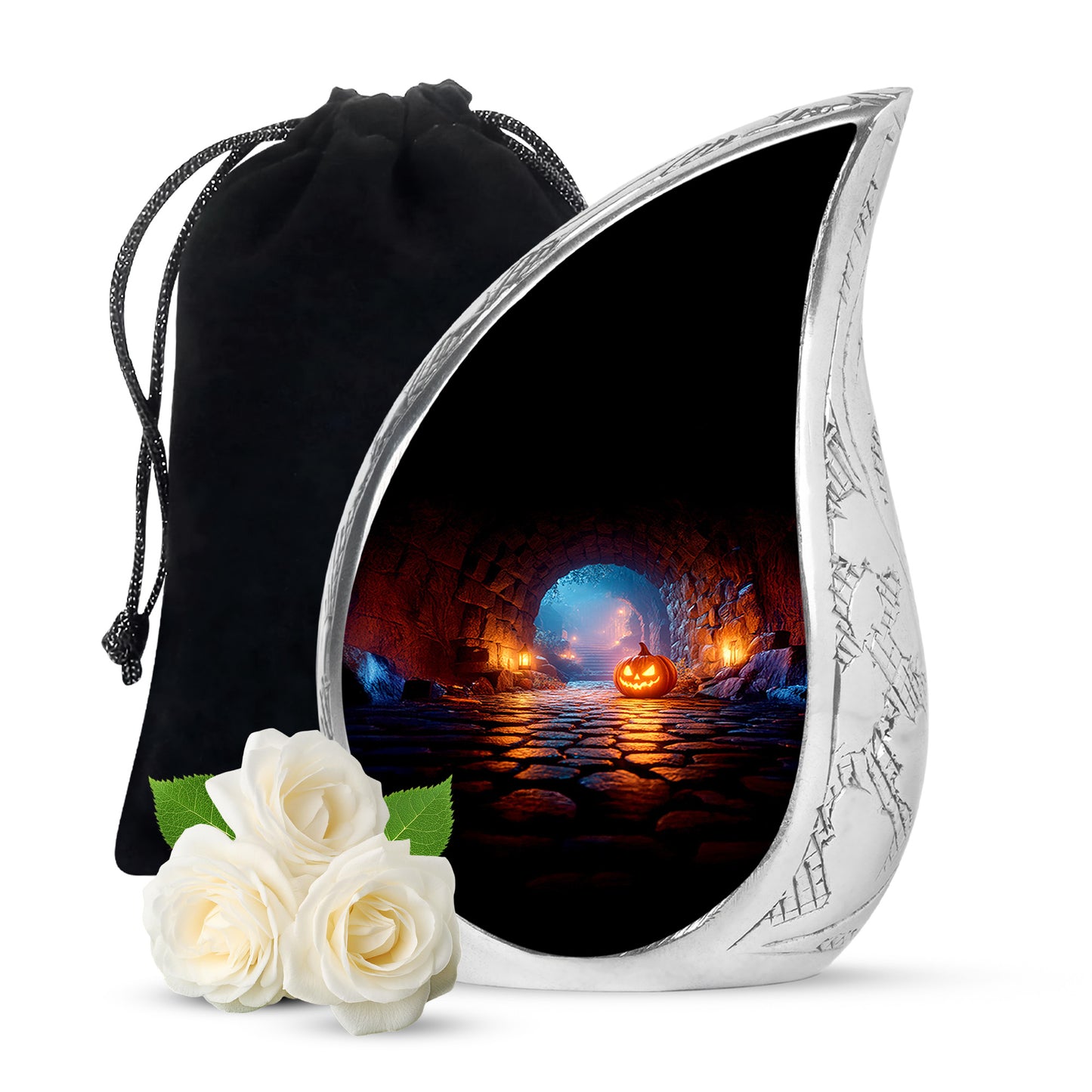 Obsidian Black Halloween Cremation Urn front view showing detailed design - graceful tear-shaped urn with halloween motif - full-size 10 inch 200 cubic inch adult cremation urn