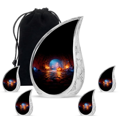 Ebony Halloween Cremation Urn side profile showing urn shape - flowing teardrop halloween silhouette on curved aluminum - memorial set with one large and four small urns