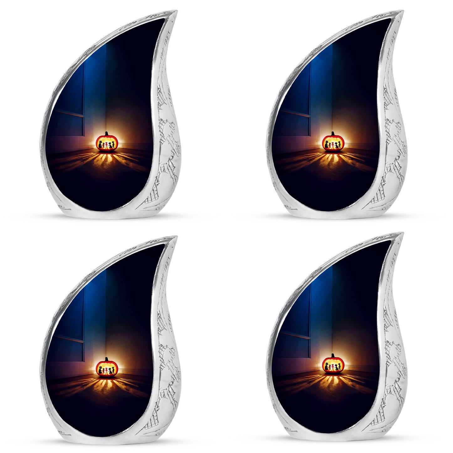 Vivid Blue Halloween Cremation Urn close-up of engraving and surface detail - graceful tear-shaped urn with halloween motif - 10 inch aluminum urn for cremated remains