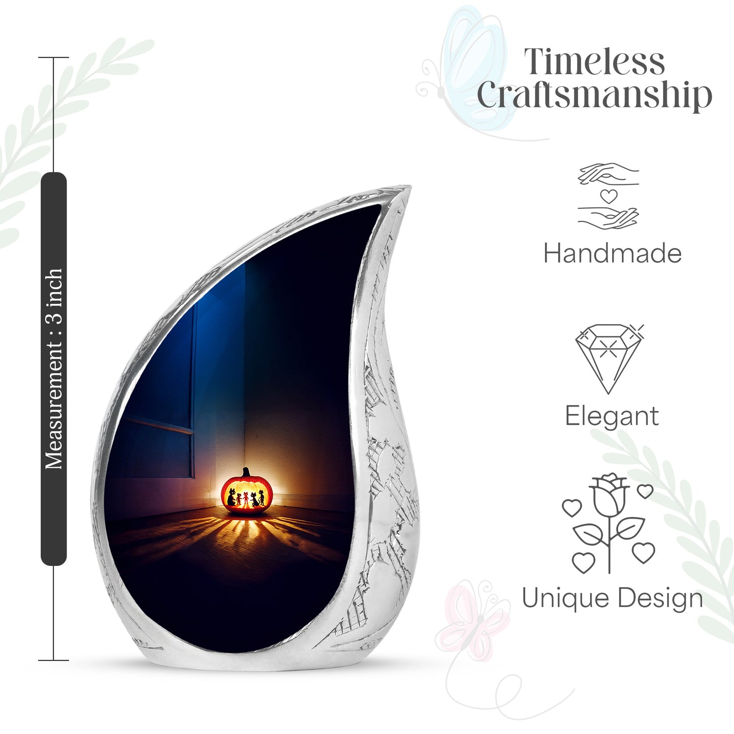 Cobalt Blue Halloween Cremation Urn angled view of lid and engraved motif - graceful tear-shaped urn with halloween motif - mini keepsake memorial for portion of cremation ashes