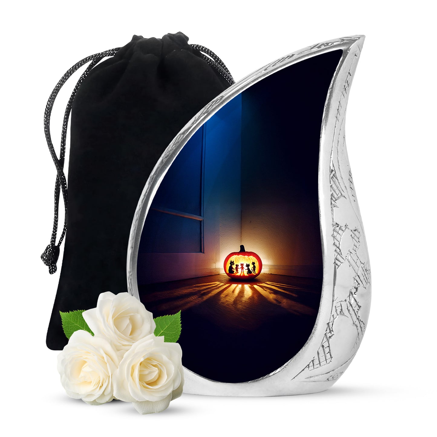 Navy Blue Halloween Cremation Urn front view showing detailed design - rounded teardrop halloween design with delicate detail - full-size 10 inch 200 cubic inch adult cremation urn