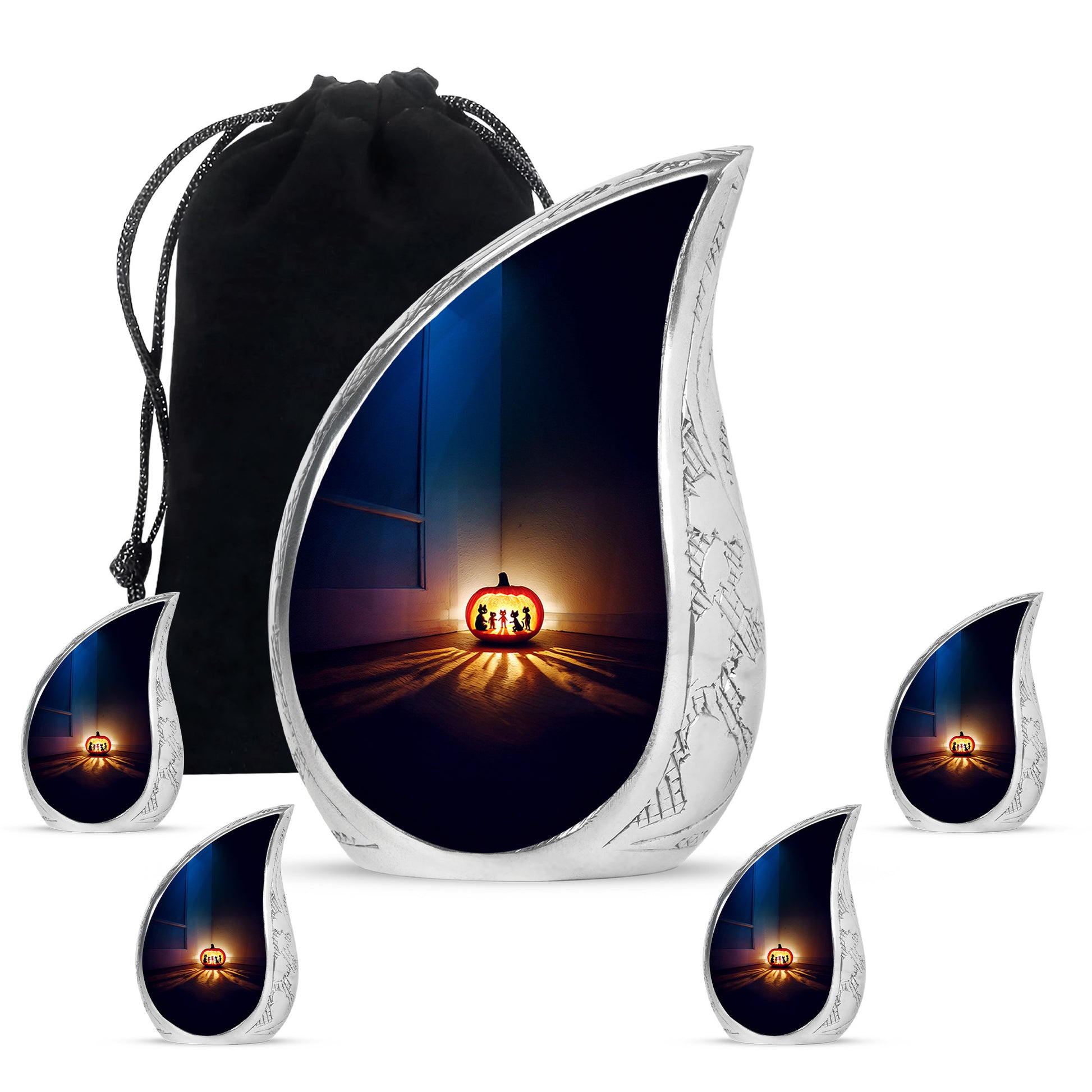 Soft Blue Halloween Cremation Urn side profile showing urn shape - smooth teardrop contour featuring halloween art - memorial set with one large and four small urns