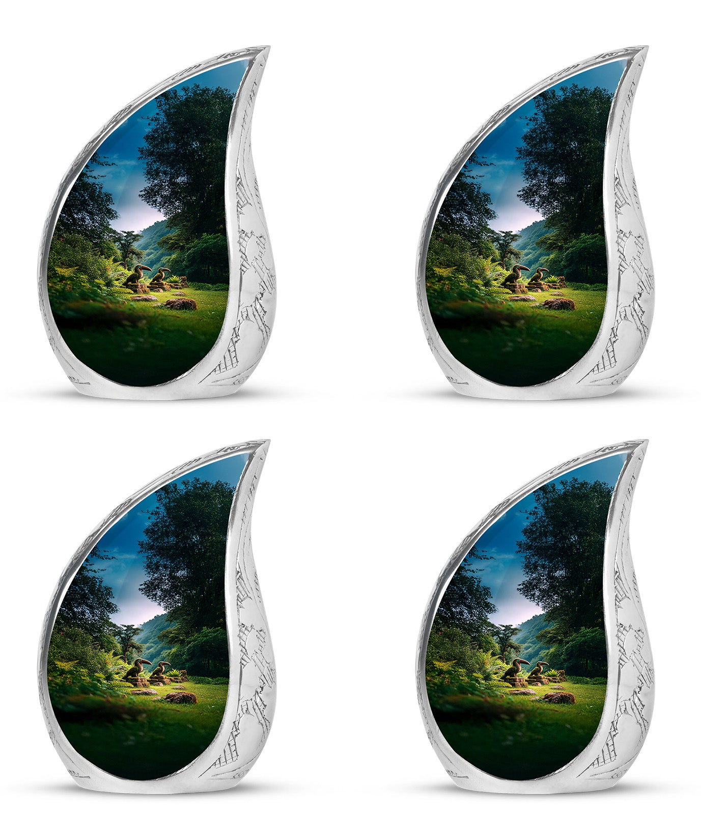 Cobalt Blue Hornbill Cremation Urn close-up of engraving and surface detail - graceful tear-shaped urn with hornbill motif - 10 inch aluminum urn for cremated remains