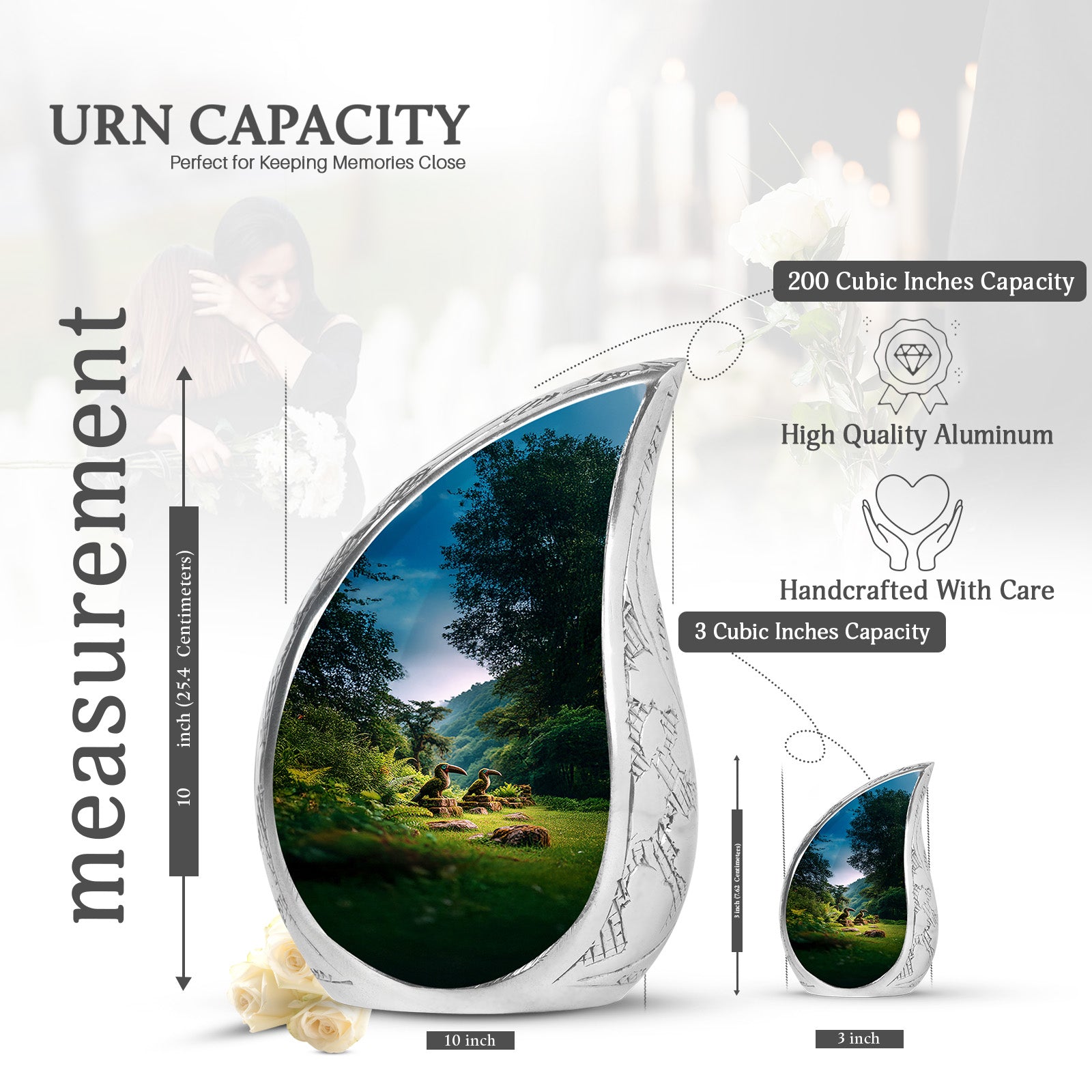 Royal Blue Hornbill Cremation Urn angled view of lid and engraved motif - graceful tear-shaped urn with hornbill motif - mini keepsake memorial for portion of cremation ashes