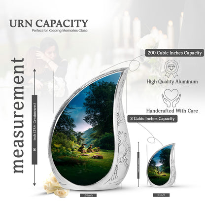 Royal Blue Hornbill Cremation Urn angled view of lid and engraved motif - graceful tear-shaped urn with hornbill motif - mini keepsake memorial for portion of cremation ashes