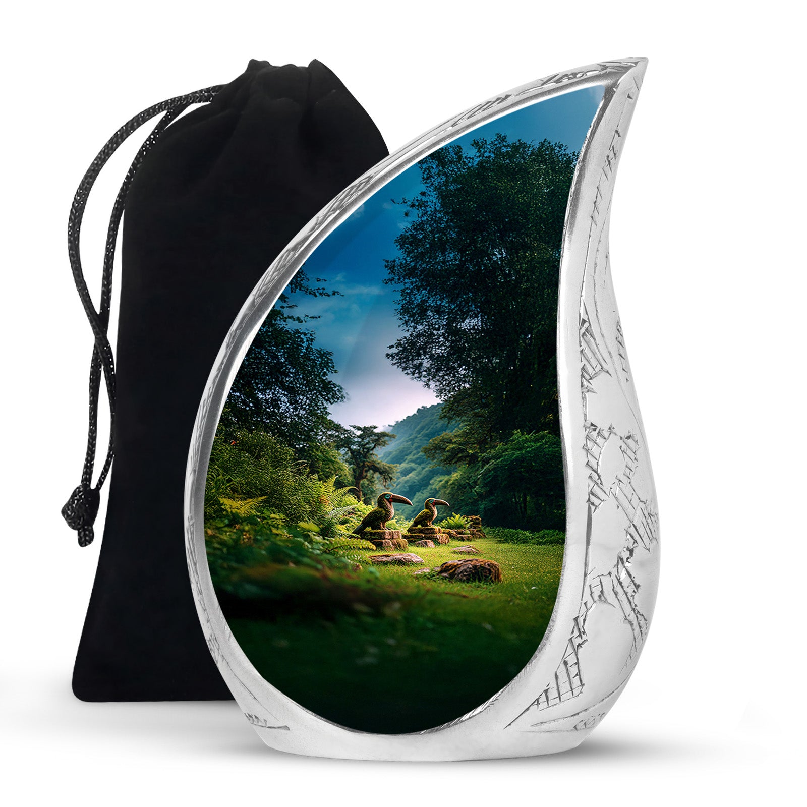 Soft Blue Hornbill Cremation Urn front view showing detailed design - graceful tear-shaped urn with hornbill motif - full-size 10 inch 200 cubic inch adult cremation urn