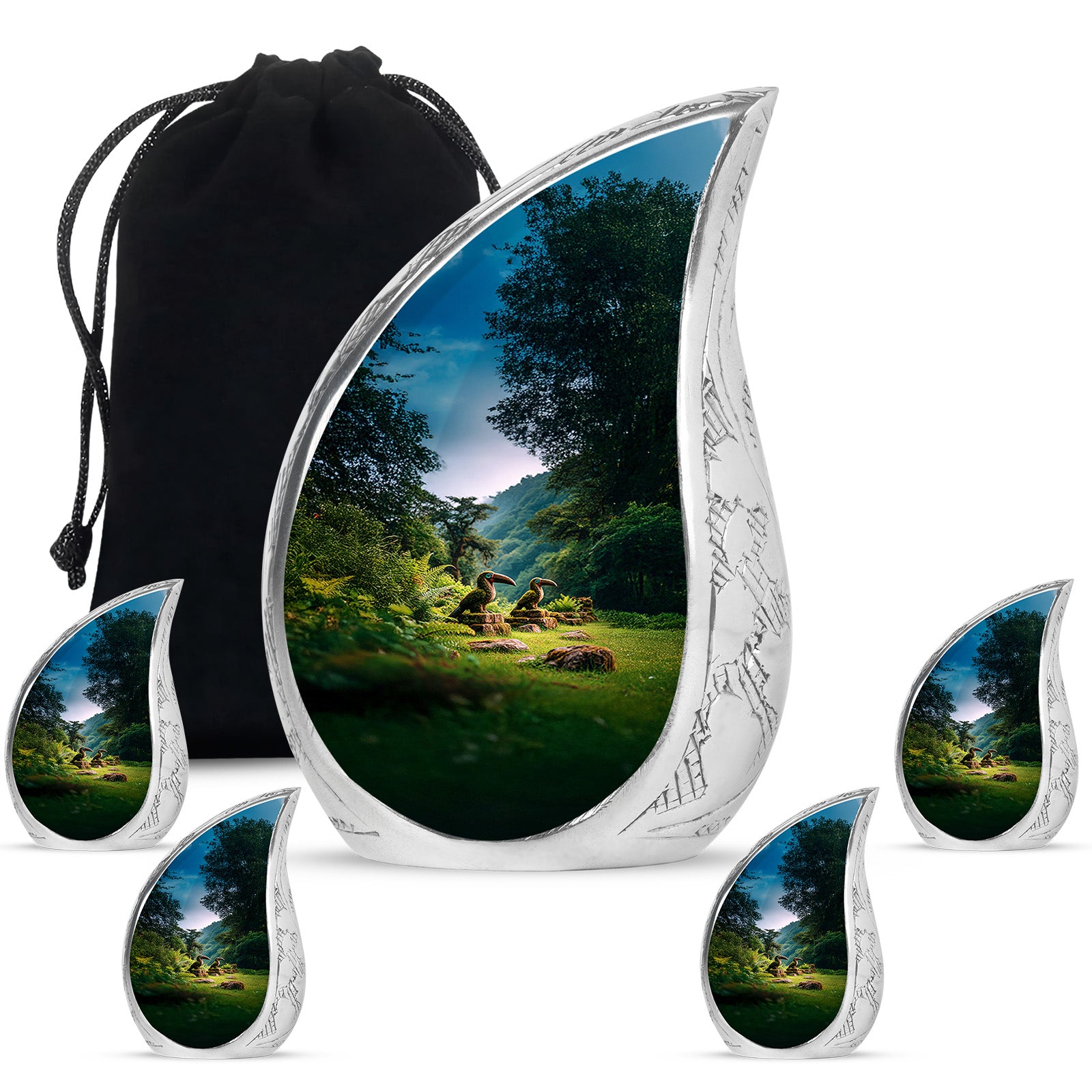 Icy Blue Hornbill Cremation Urn side profile showing urn shape - flowing teardrop hornbill silhouette on curved aluminum - memorial set with one large and four small urns