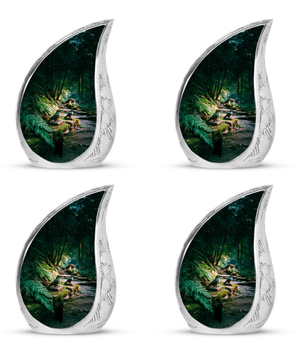 Olive Green Hornbill Cremation Urn close-up of engraving and surface detail - smooth teardrop contour featuring hornbill art - 10 inch aluminum urn for cremated remains