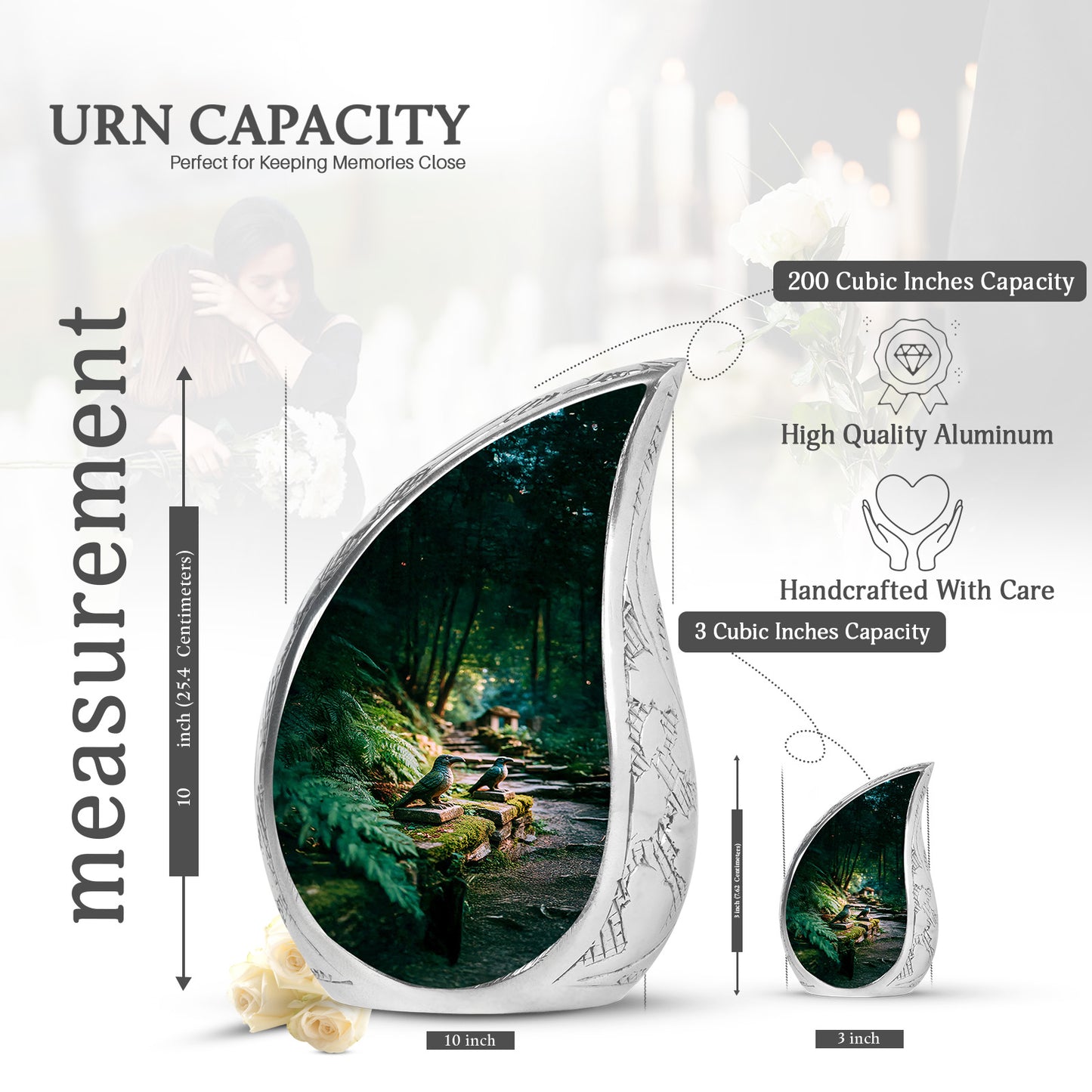Hunter Green Hornbill Cremation Urn angled view of lid and engraved motif - smooth teardrop contour featuring hornbill art - mini keepsake memorial for portion of cremation ashes