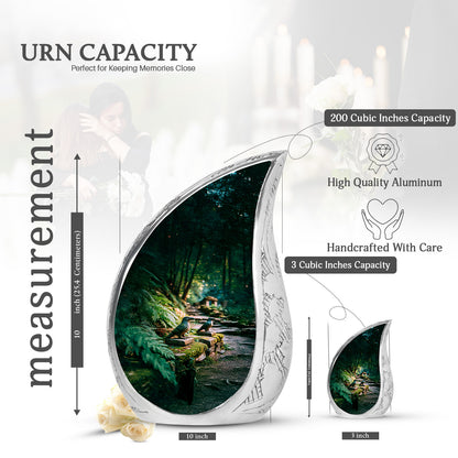 Hunter Green Hornbill Cremation Urn angled view of lid and engraved motif - smooth teardrop contour featuring hornbill art - mini keepsake memorial for portion of cremation ashes
