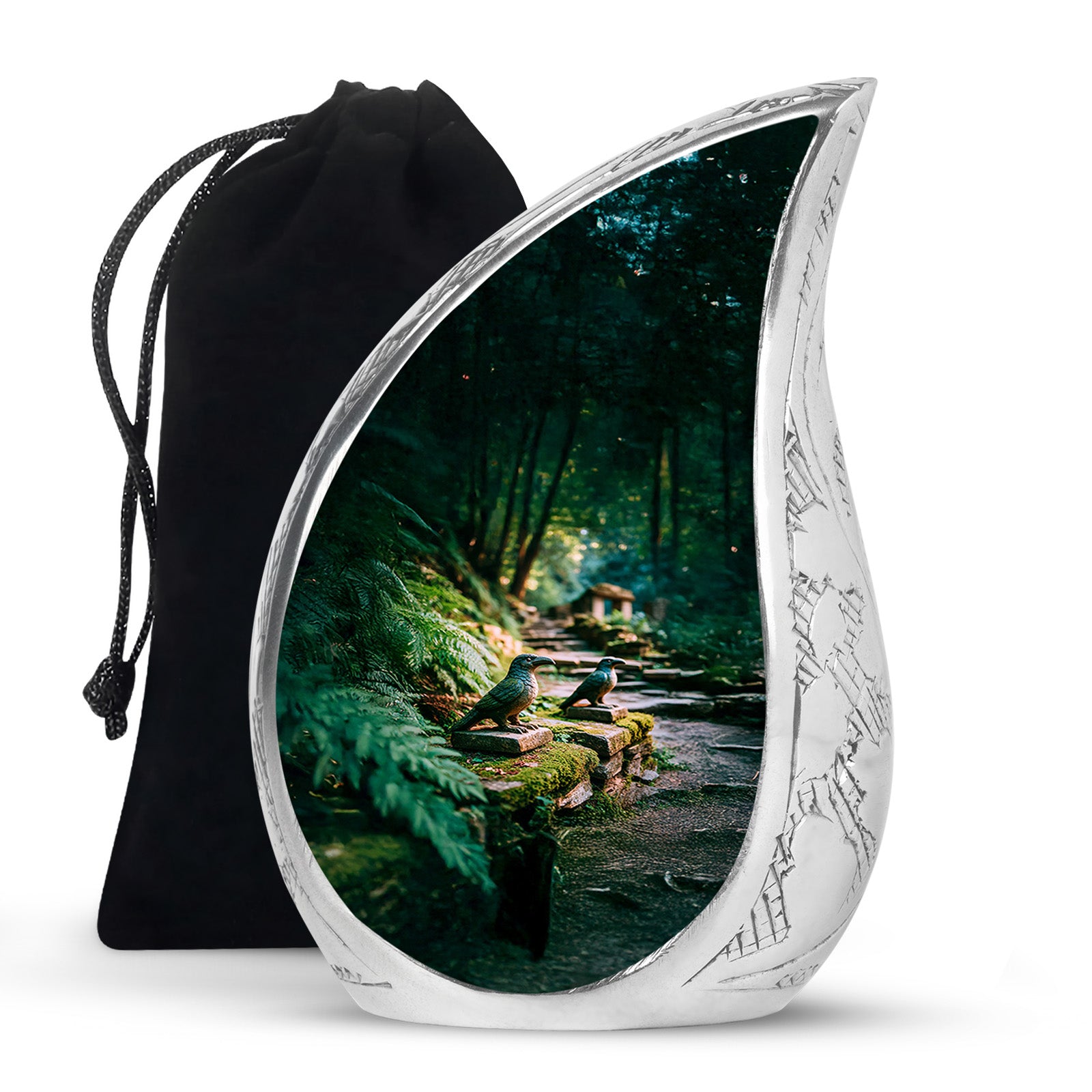 Sage Green Hornbill Cremation Urn front view showing detailed design - rounded teardrop hornbill design with delicate detail - full-size 10 inch 200 cubic inch adult cremation urn