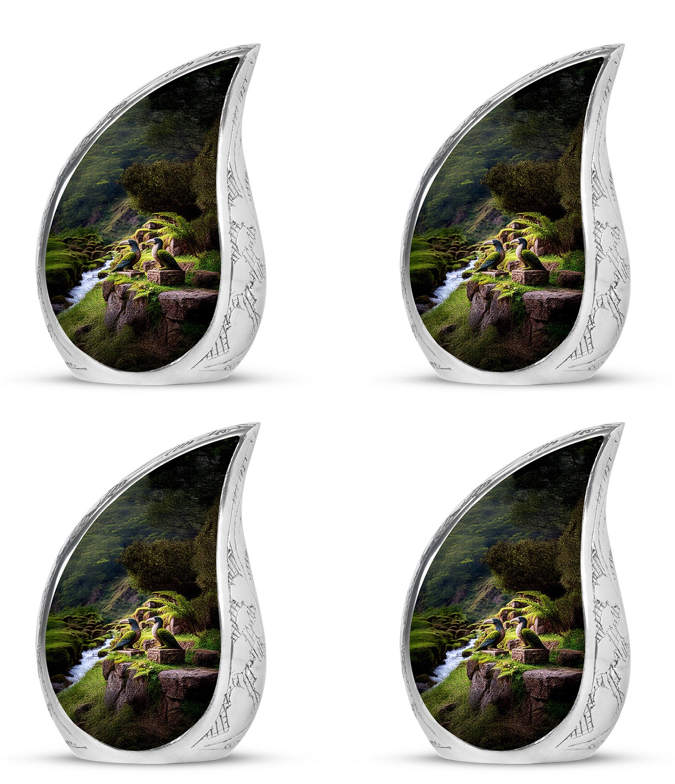 Amber Gold Hornbill Cremation Urn close-up of engraving and surface detail - rounded teardrop hornbill design with delicate detail - 10 inch aluminum urn for cremated remains