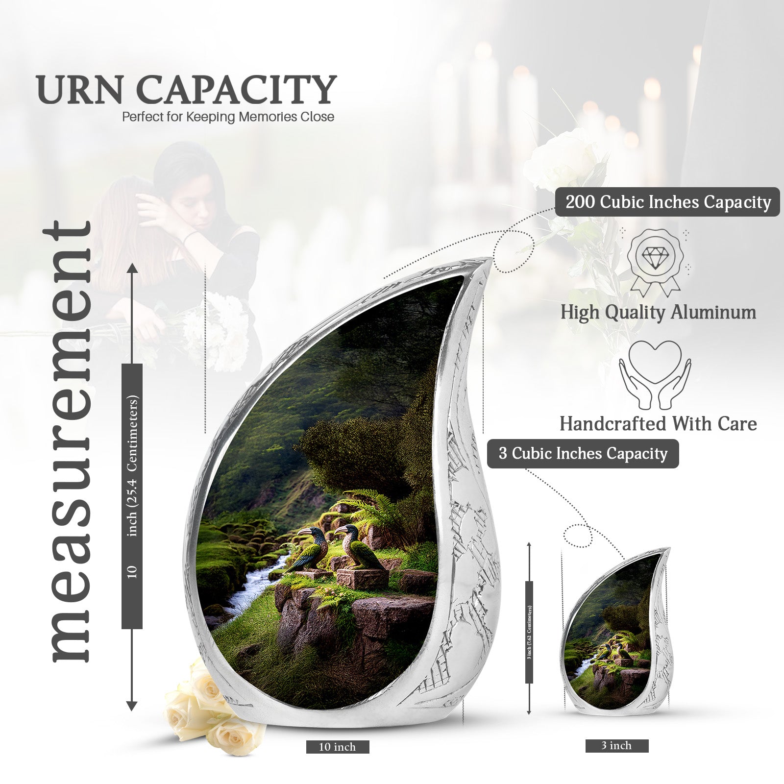 Harvest Gold Hornbill Cremation Urn angled view of lid and engraved motif - smooth teardrop contour featuring hornbill art - mini keepsake memorial for portion of cremation ashes