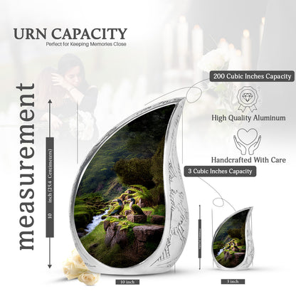 Harvest Gold Hornbill Cremation Urn angled view of lid and engraved motif - smooth teardrop contour featuring hornbill art - mini keepsake memorial for portion of cremation ashes