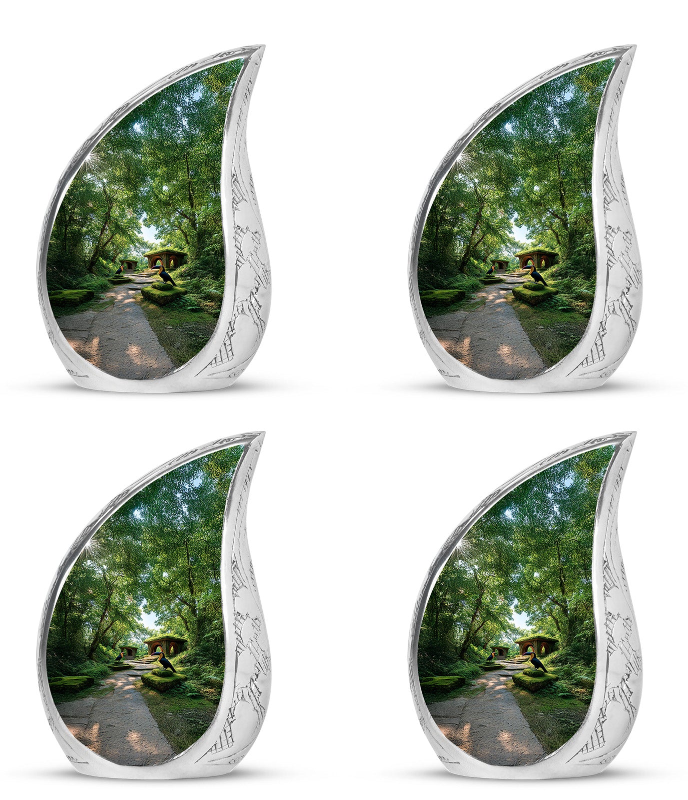 Mint Green Hornbill Cremation Urn close-up of engraving and surface detail - smooth teardrop contour featuring hornbill art - 10 inch aluminum urn for cremated remains