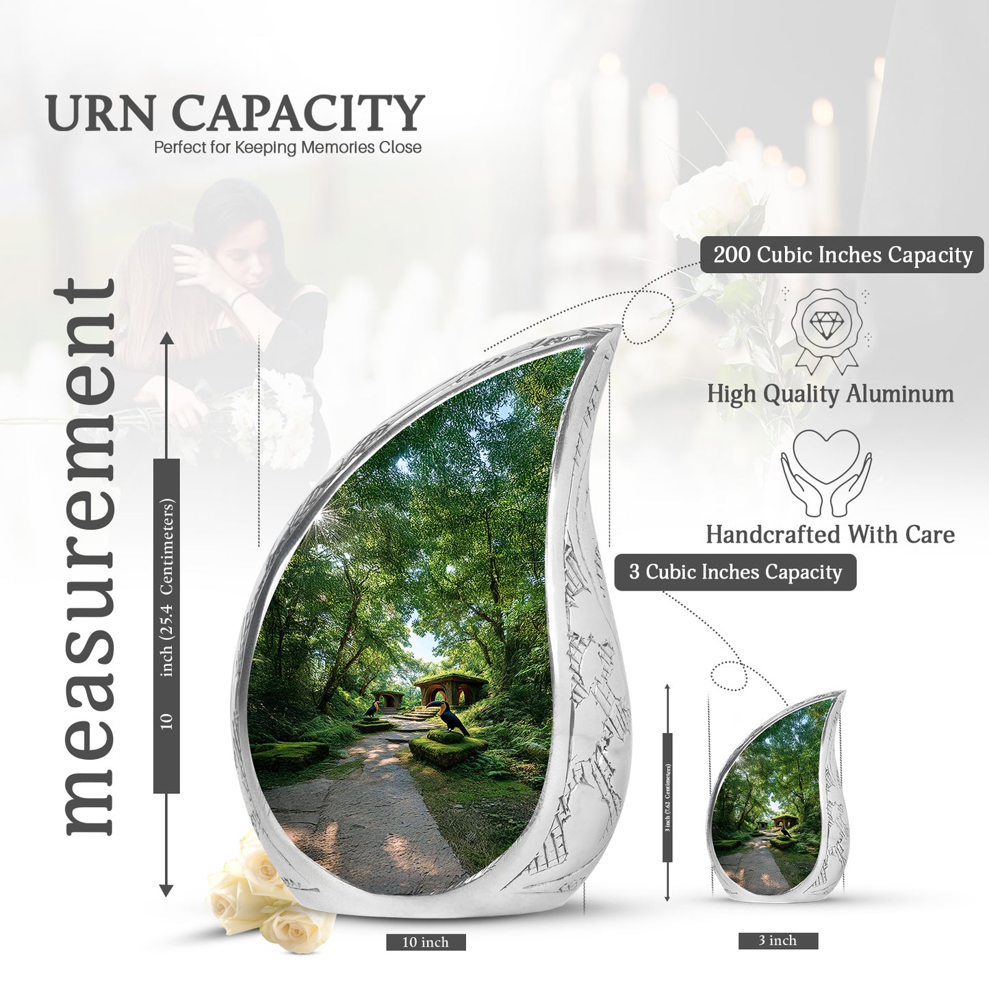 Hunter Green Hornbill Cremation Urn angled view of lid and engraved motif - graceful tear-shaped urn with hornbill motif - mini keepsake memorial for portion of cremation ashes