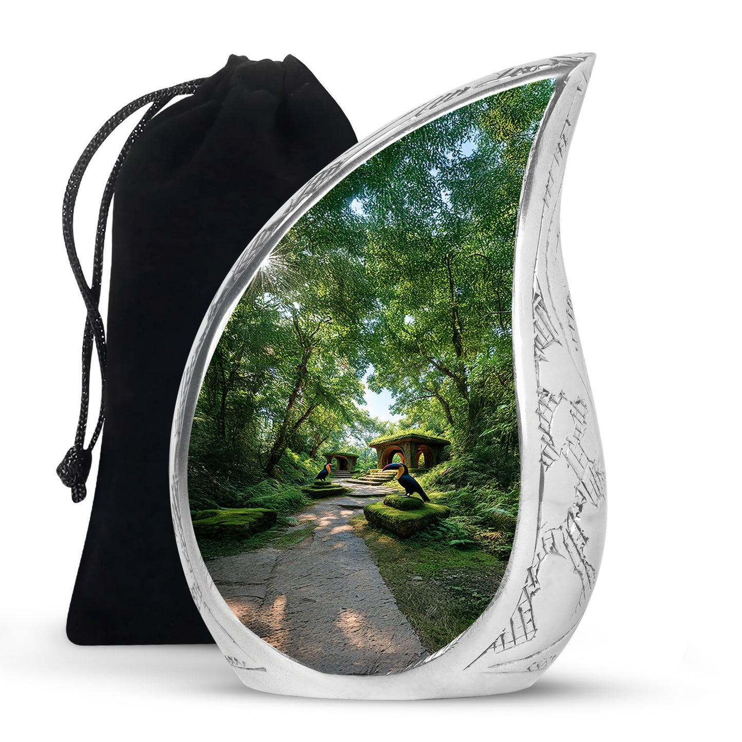 Moss Green Hornbill Cremation Urn front view showing detailed design - flowing teardrop hornbill silhouette on curved aluminum - full-size 10 inch 200 cubic inch adult cremation urn