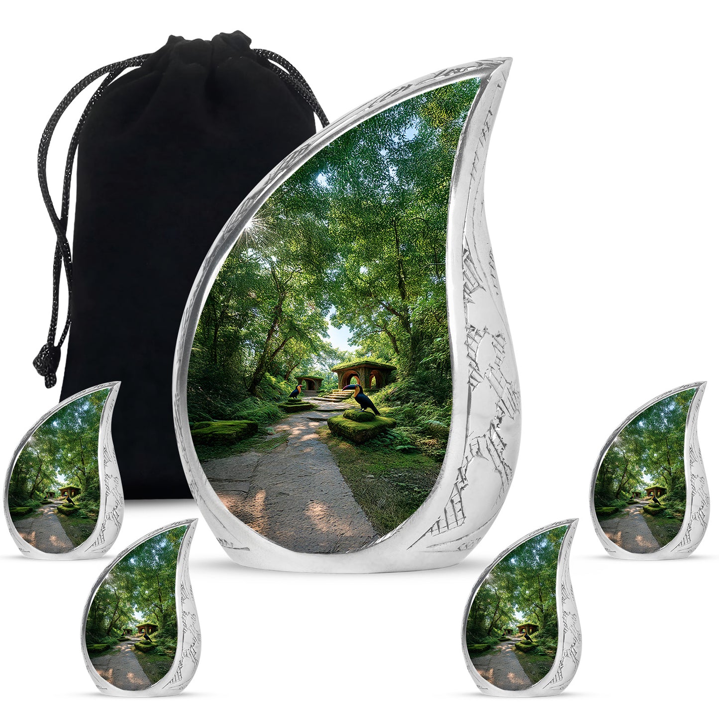 Jade Green Hornbill Cremation Urn side profile showing urn shape - rounded teardrop hornbill design with delicate detail - memorial set with one large and four small urns