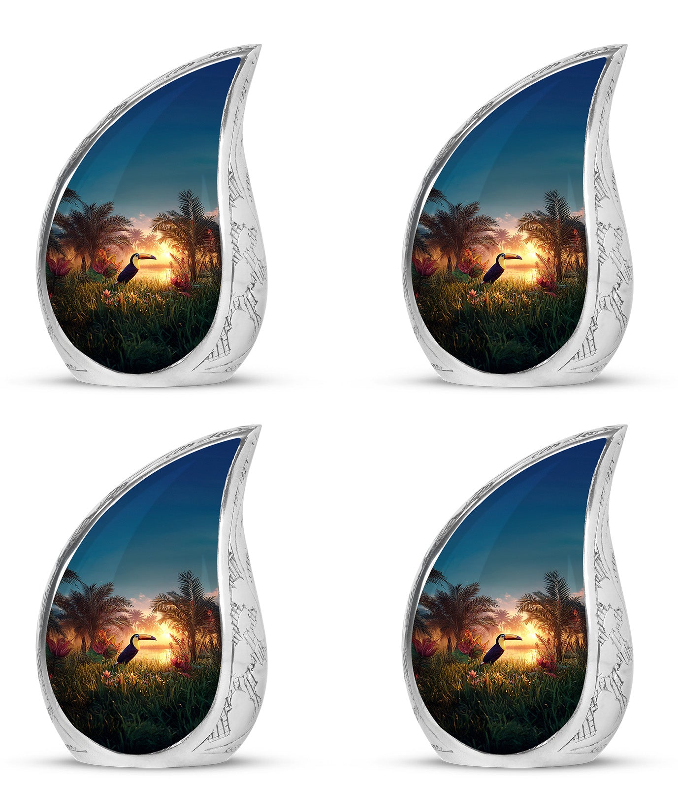 Soft Teal Hornbill Cremation Urn close-up of engraving and surface detail - rounded teardrop hornbill design with delicate detail - 10 inch aluminum urn for cremated remains