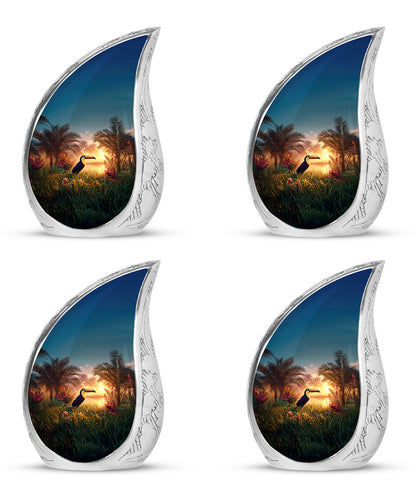 Soft Teal Hornbill Cremation Urn close-up of engraving and surface detail - rounded teardrop hornbill design with delicate detail - 10 inch aluminum urn for cremated remains