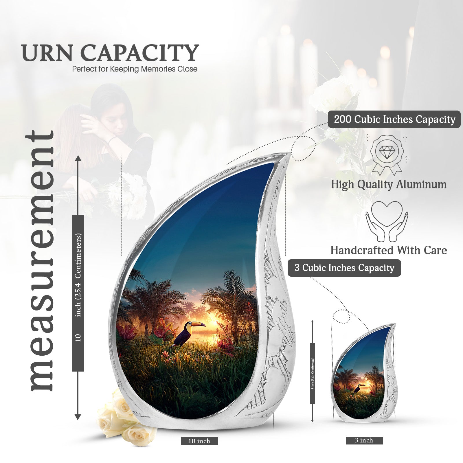 Vivid Teal Hornbill Cremation Urn angled view of lid and engraved motif - smooth teardrop contour featuring hornbill art - mini keepsake memorial for portion of cremation ashes