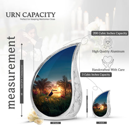 Vivid Teal Hornbill Cremation Urn angled view of lid and engraved motif - smooth teardrop contour featuring hornbill art - mini keepsake memorial for portion of cremation ashes