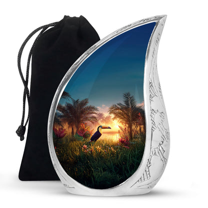 Soft Teal Hornbill Cremation Urn front view showing detailed design - flowing teardrop hornbill silhouette on curved aluminum - full-size 10 inch 200 cubic inch adult cremation urn