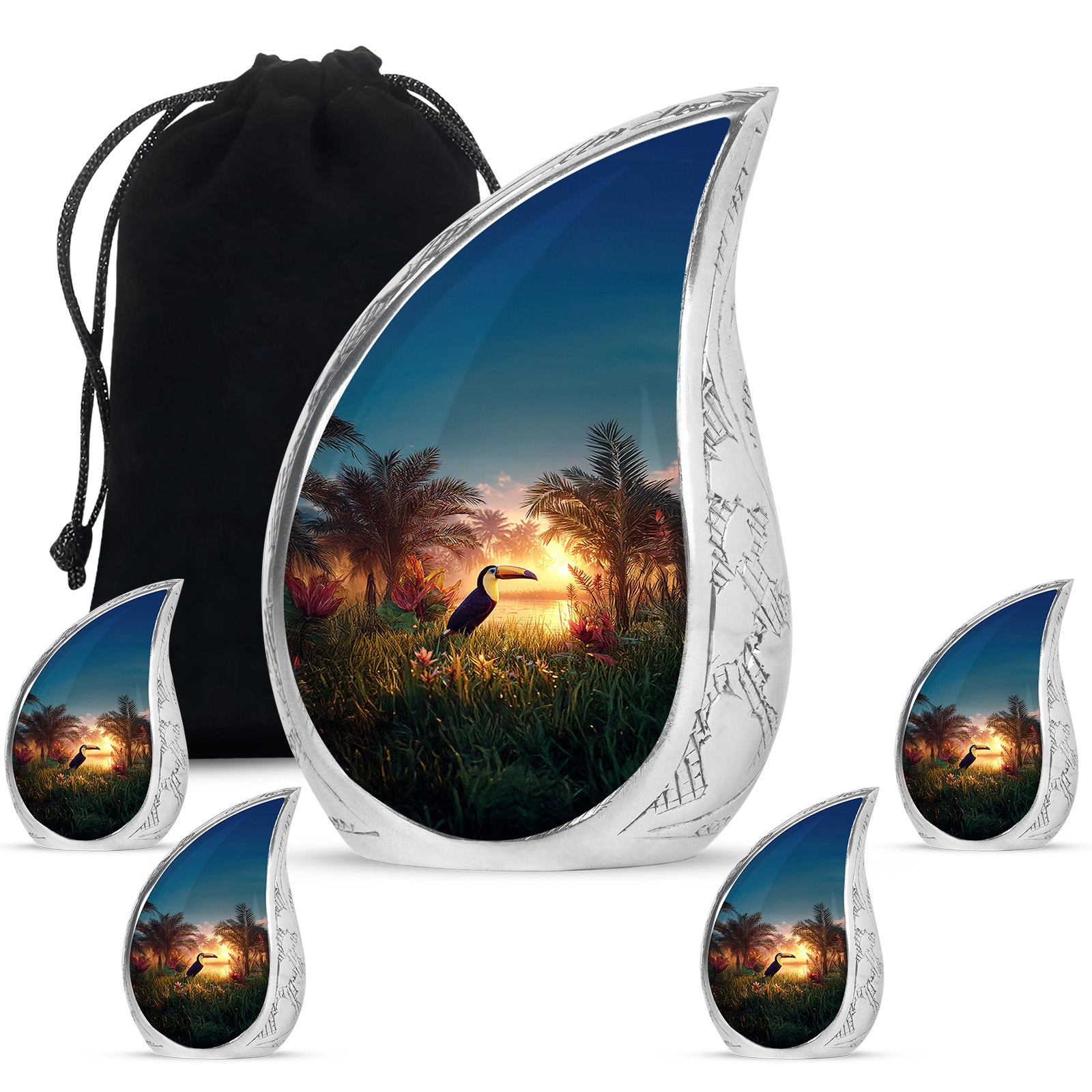 Mystic Teal Hornbill Cremation Urn side profile showing urn shape - graceful tear-shaped urn with hornbill motif - memorial set with one large and four small urns