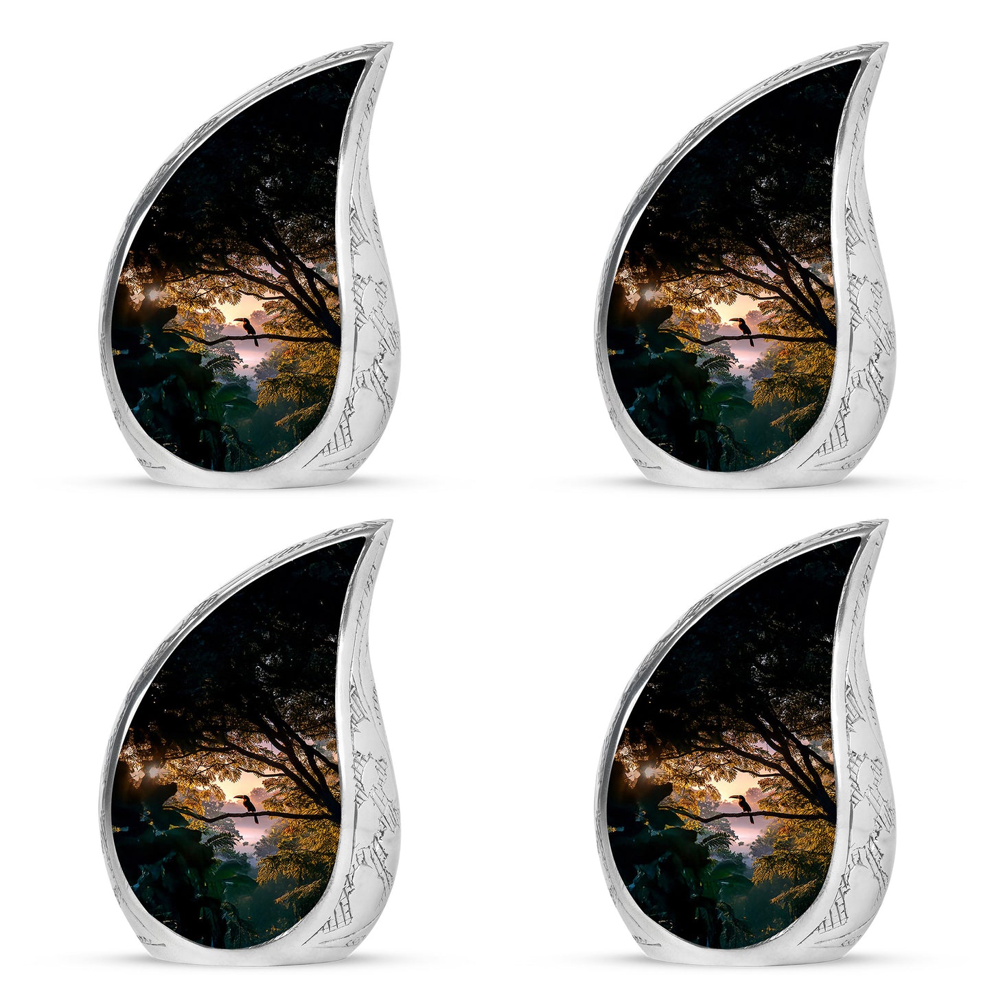 Onyx Black Hornbill Cremation Urn close-up of engraving and surface detail - graceful tear-shaped urn with hornbill motif - 10 inch aluminum urn for cremated remains