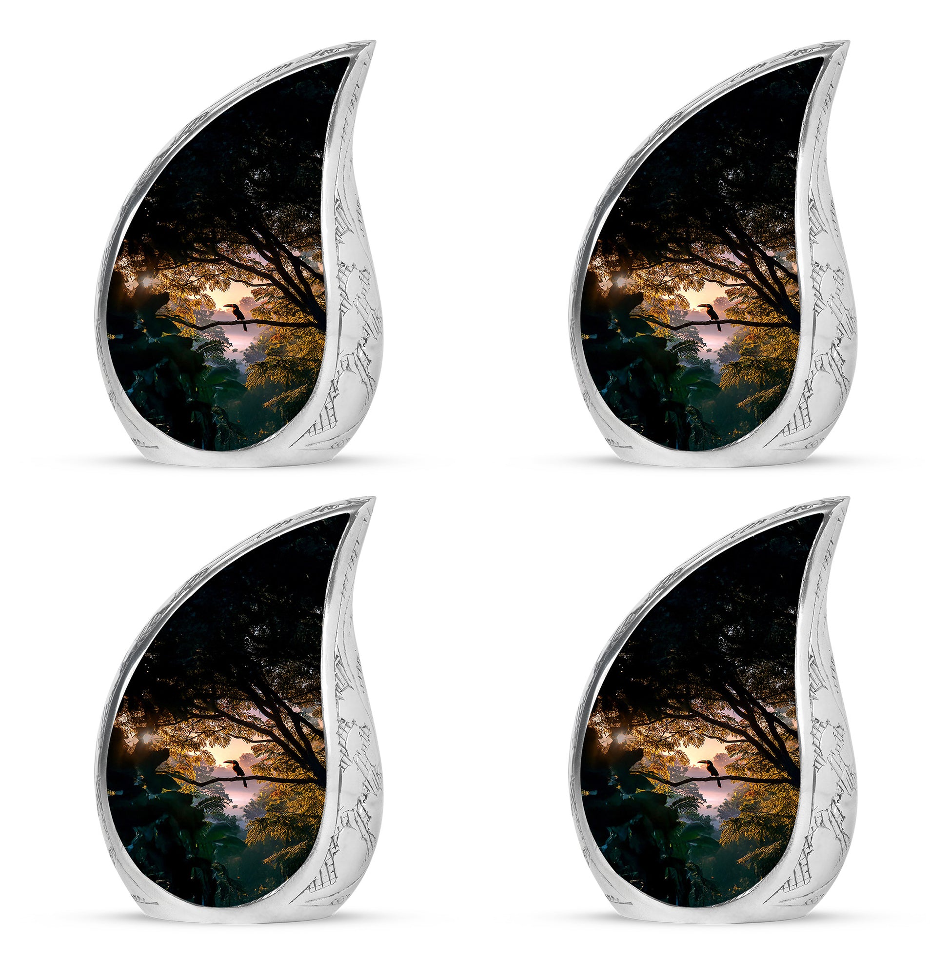 Onyx Black Hornbill Cremation Urn close-up of engraving and surface detail - graceful tear-shaped urn with hornbill motif - 10 inch aluminum urn for cremated remains
