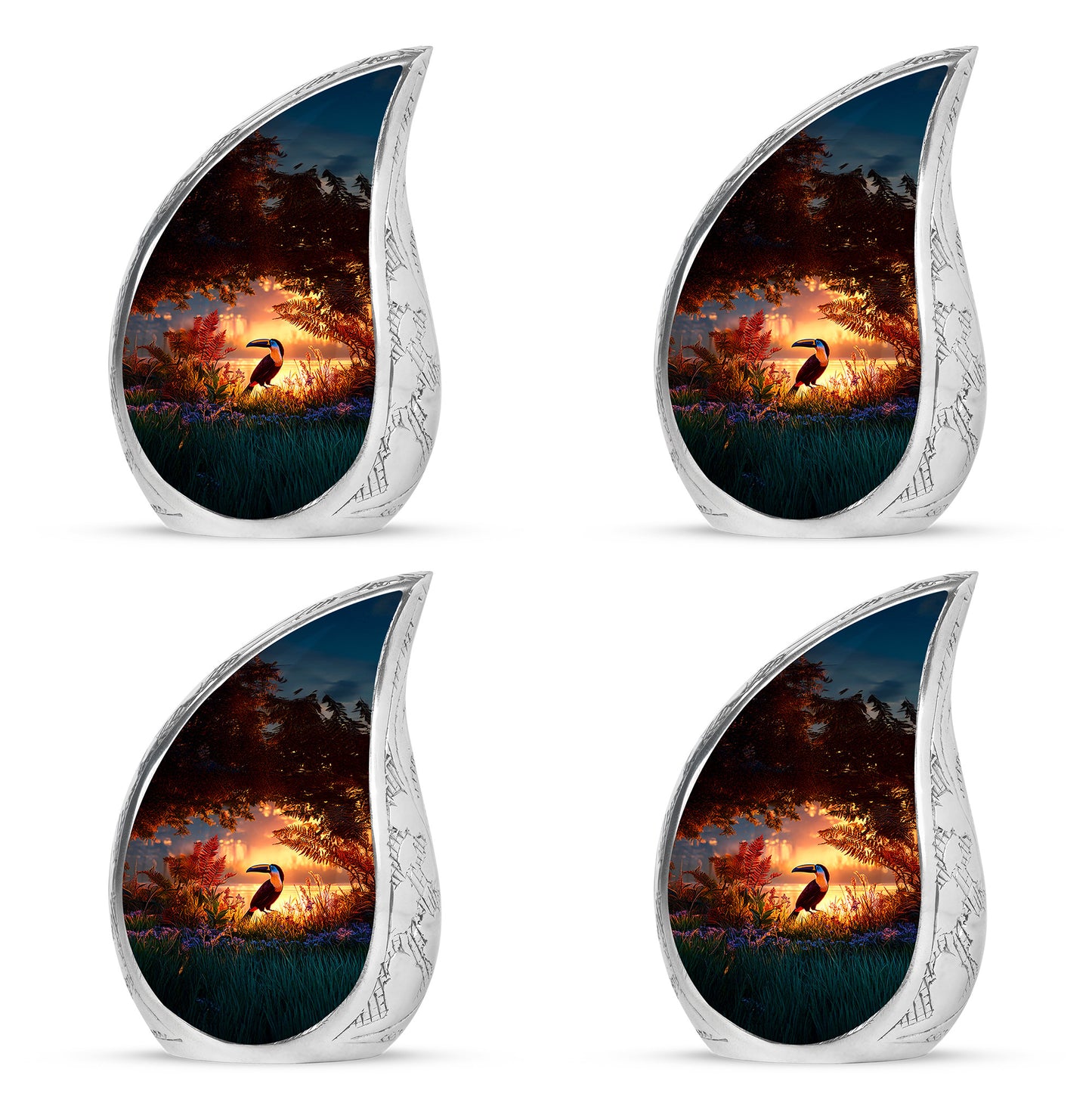 Crimson Red Hornbill Cremation Urn close-up of engraving and surface detail - rounded teardrop hornbill design with delicate detail - 10 inch aluminum urn for cremated remains