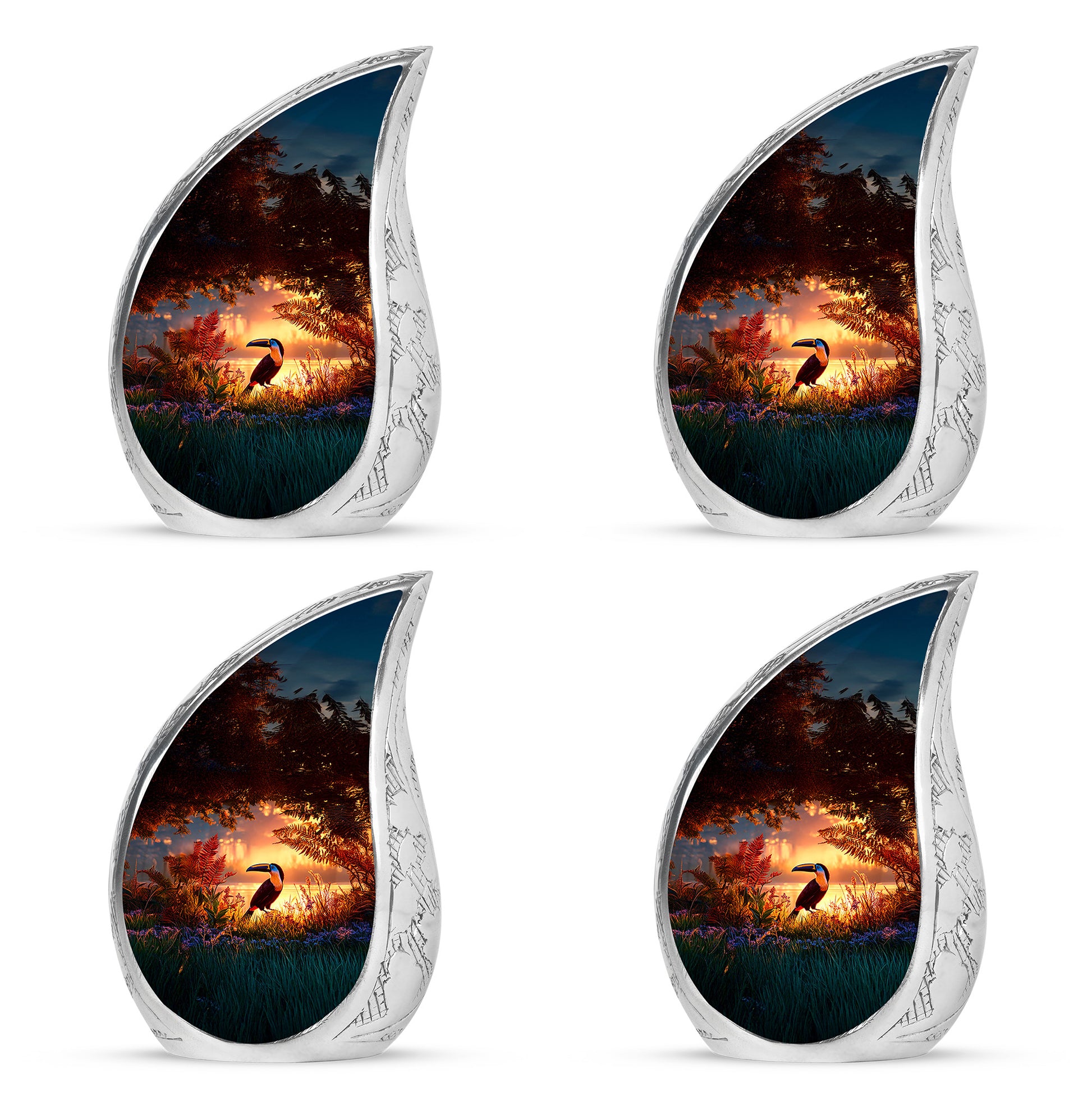 Crimson Red Hornbill Cremation Urn close-up of engraving and surface detail - rounded teardrop hornbill design with delicate detail - 10 inch aluminum urn for cremated remains