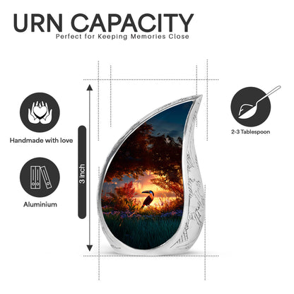 Cherry Red Hornbill Cremation Urn angled view of lid and engraved motif - smooth teardrop contour featuring hornbill art - mini keepsake memorial for portion of cremation ashes