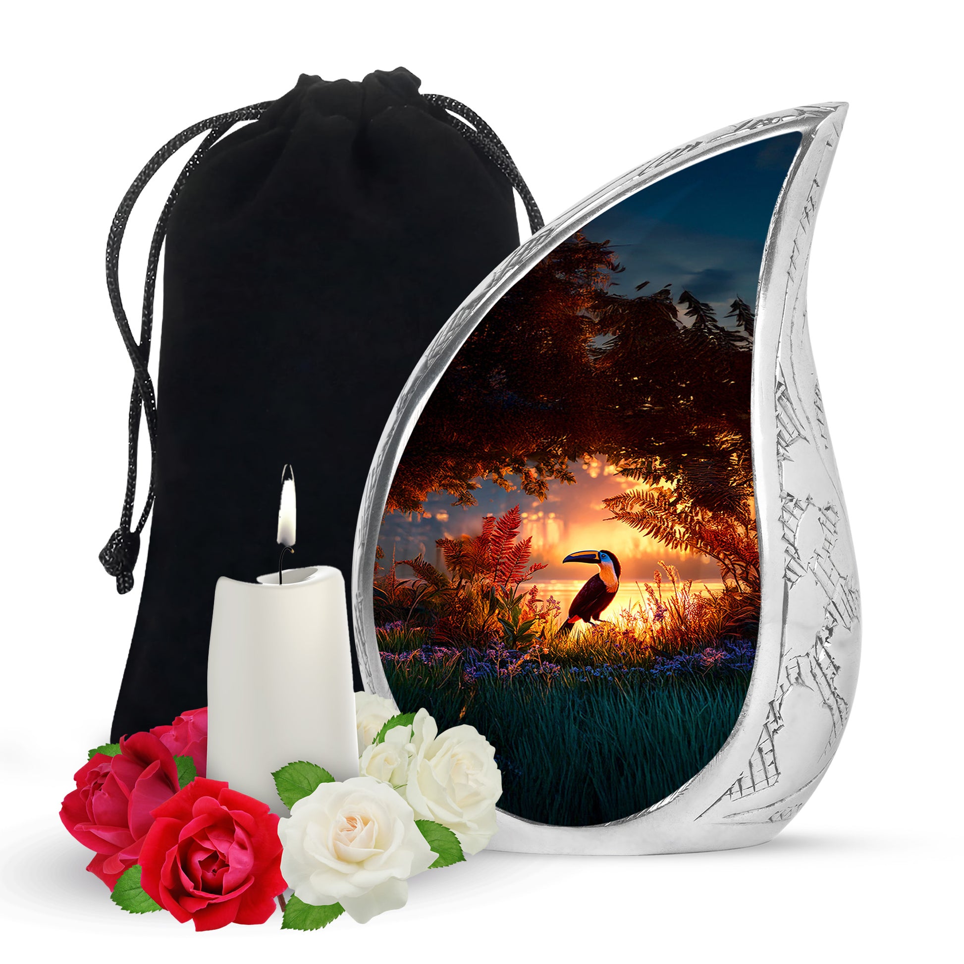 Fiery Red Hornbill Cremation Urn front view showing detailed design - smooth teardrop contour featuring hornbill art - full-size 10 inch 200 cubic inch adult cremation urn