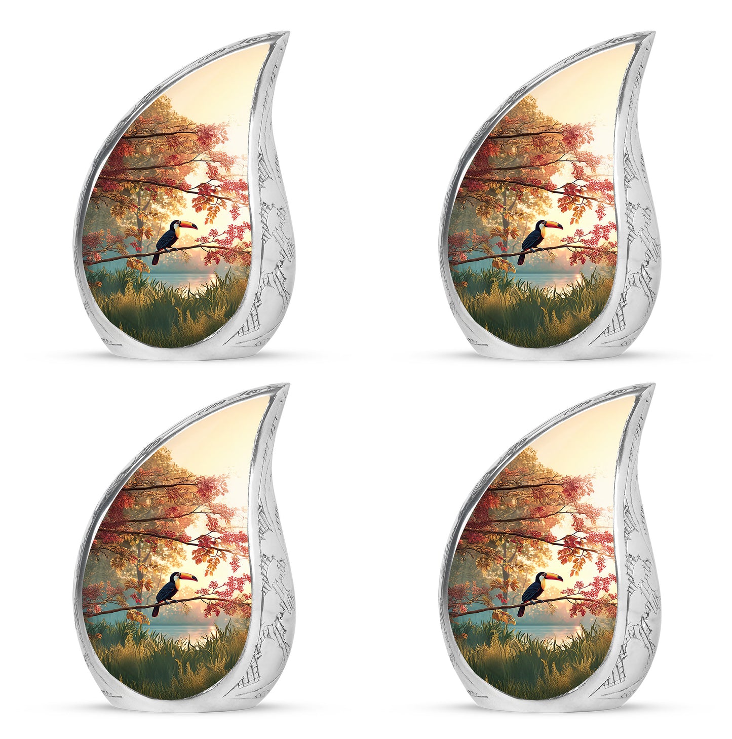 Champagne Gold Hornbill Cremation Urn close-up of engraving and surface detail - rounded teardrop hornbill design with delicate detail - 10 inch aluminum urn for cremated remains