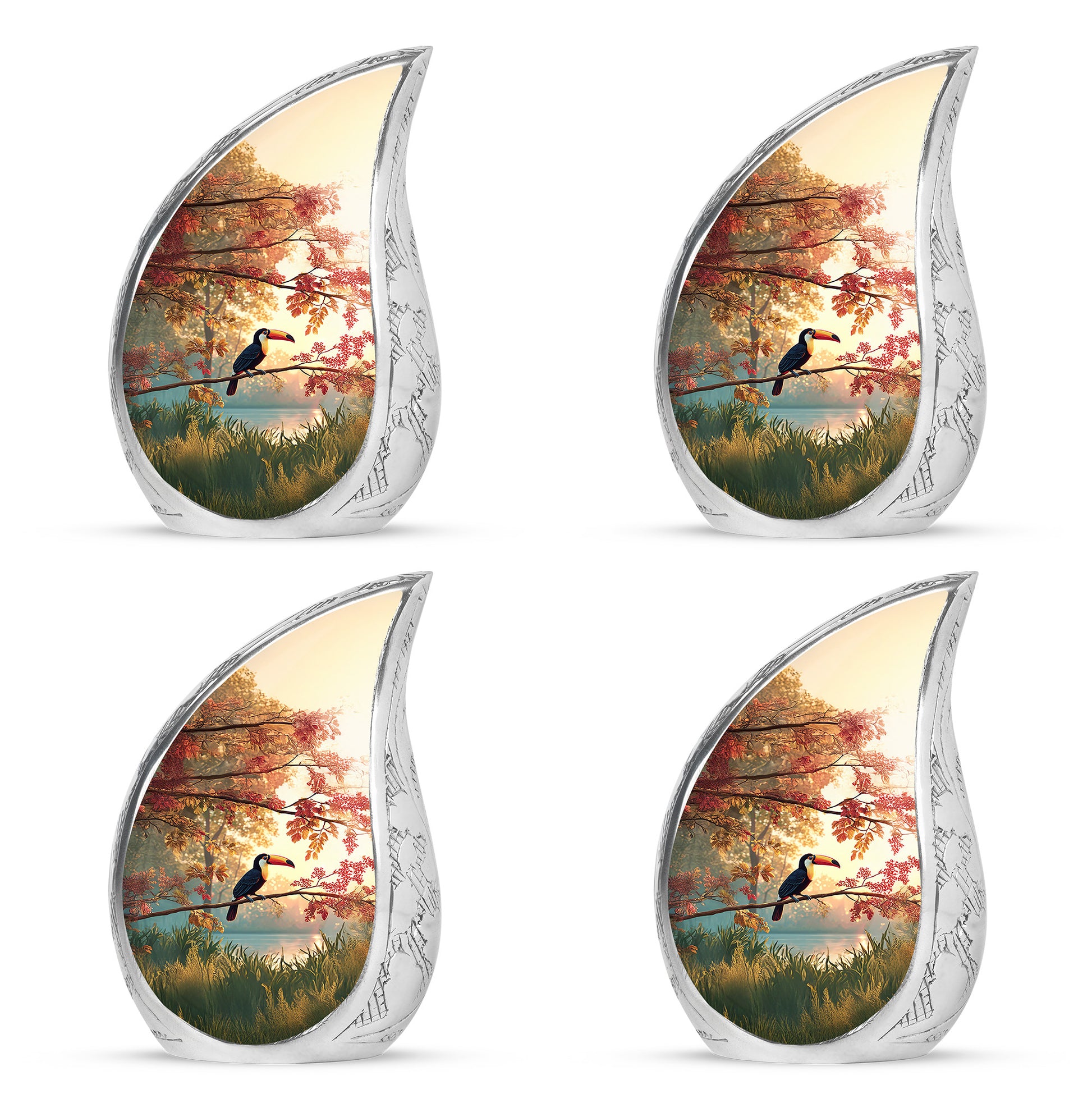 Champagne Gold Hornbill Cremation Urn close-up of engraving and surface detail - rounded teardrop hornbill design with delicate detail - 10 inch aluminum urn for cremated remains