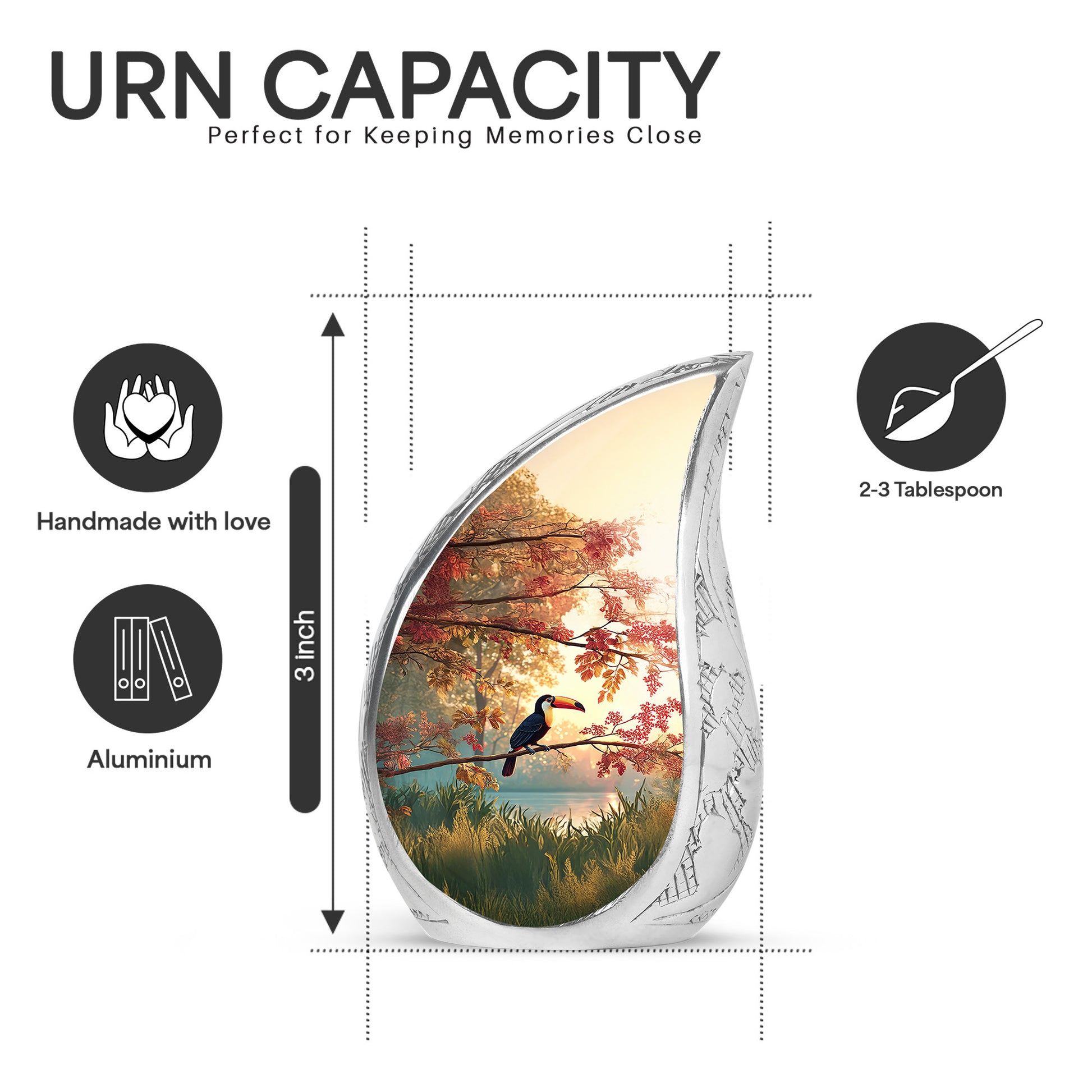 Sunrise Gold Hornbill Cremation Urn angled view of lid and engraved motif - flowing teardrop hornbill silhouette on curved aluminum - mini keepsake memorial for portion of cremation ashes