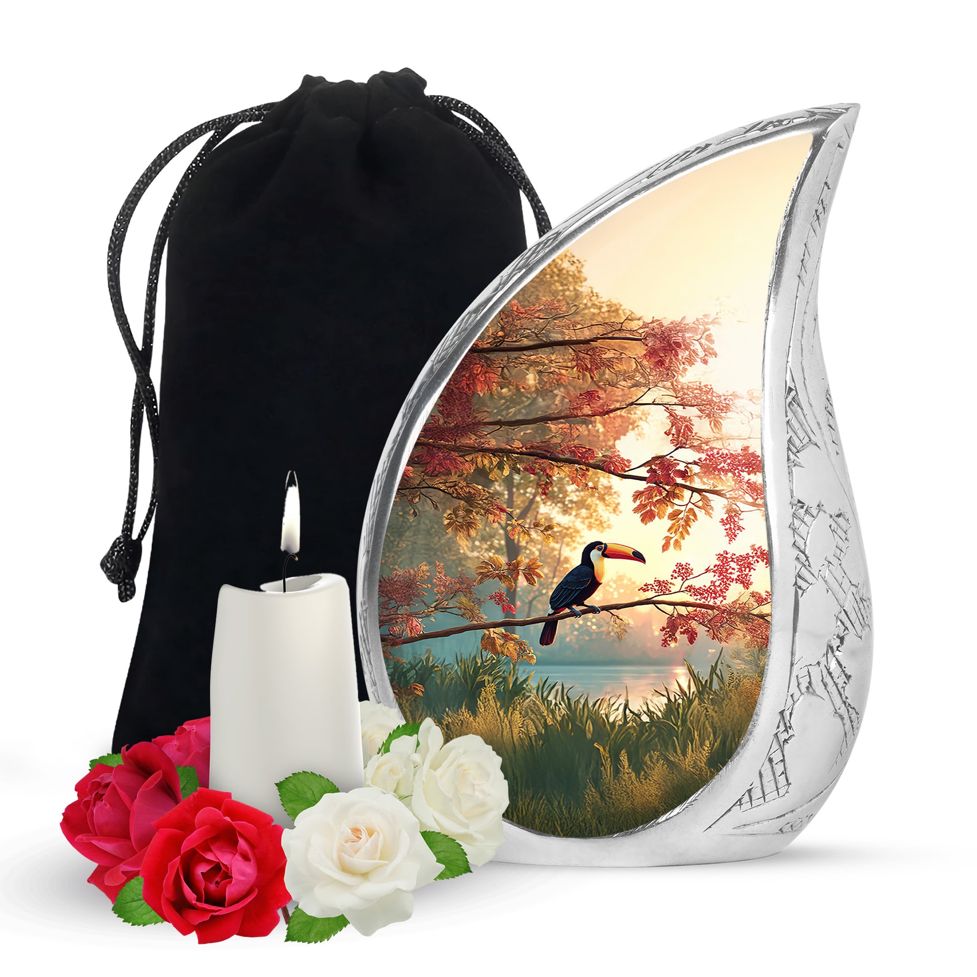 Burnished Gold Hornbill Cremation Urn front view showing detailed design - graceful tear-shaped urn with hornbill motif - full-size 10 inch 200 cubic inch adult cremation urn