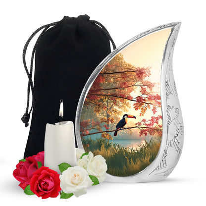 Burnished Gold Hornbill Cremation Urn front view showing detailed design - graceful tear-shaped urn with hornbill motif - full-size 10 inch 200 cubic inch adult cremation urn