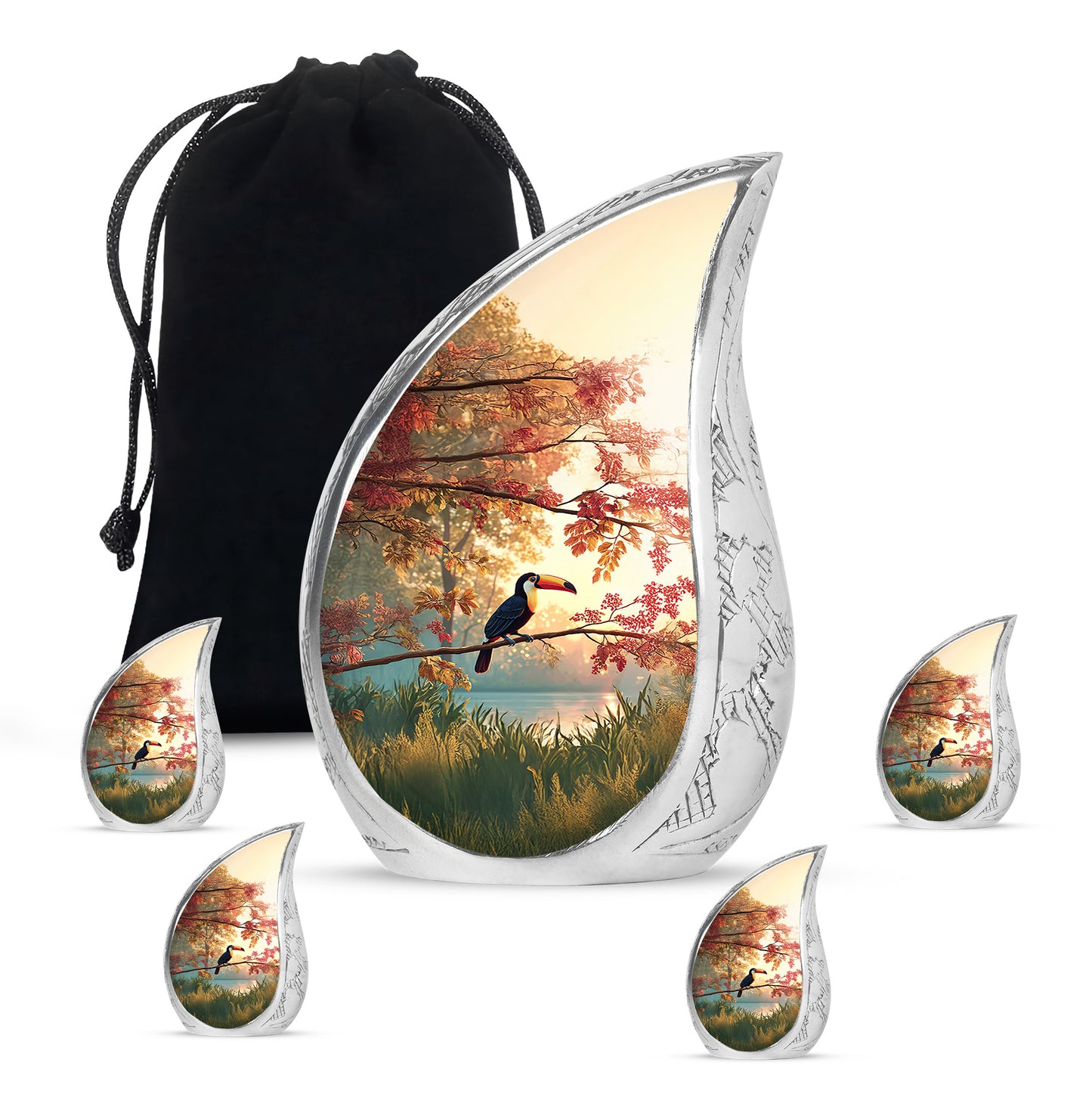 Antique Gold Hornbill Cremation Urn side profile showing urn shape - flowing teardrop hornbill silhouette on curved aluminum - memorial set with one large and four small urns