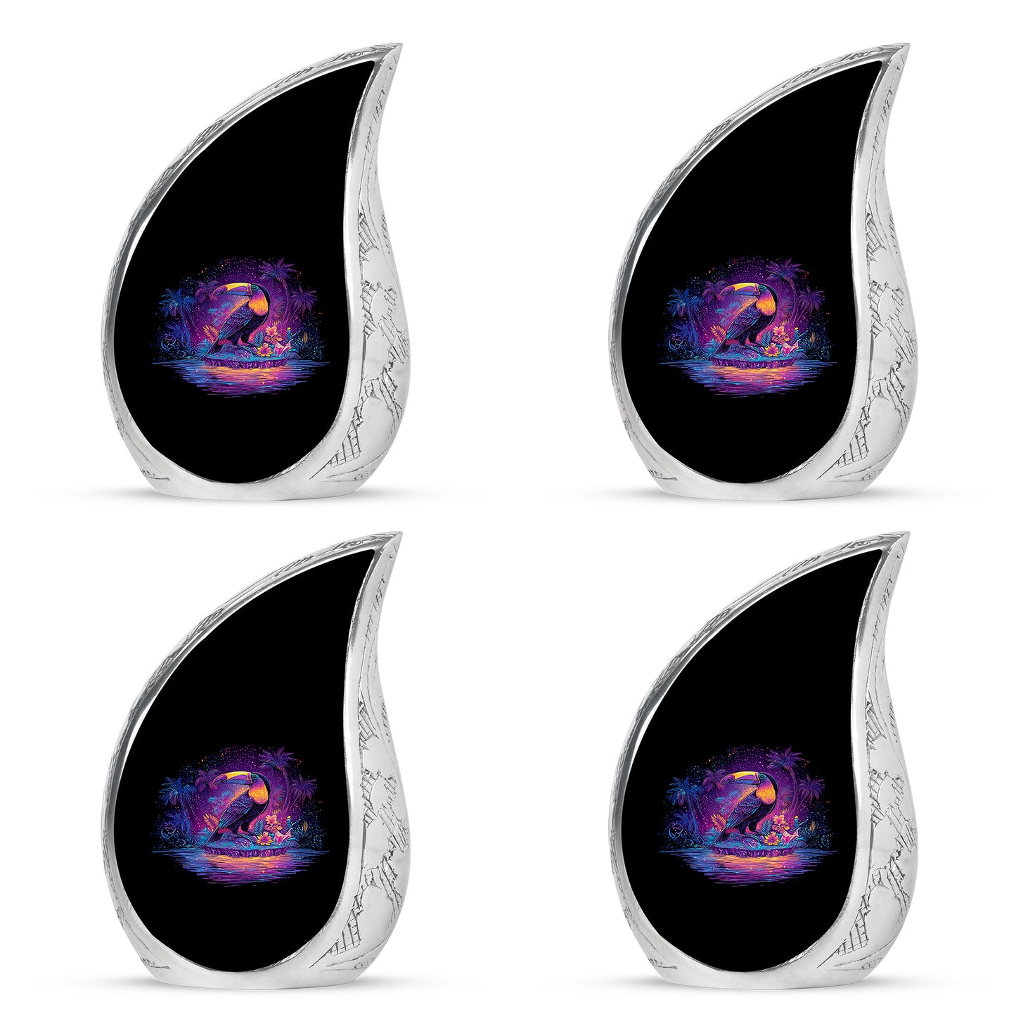 Ebony Hornbill Cremation Urn close-up of engraving and surface detail - flowing teardrop hornbill silhouette on curved aluminum - 10 inch aluminum urn for cremated remains