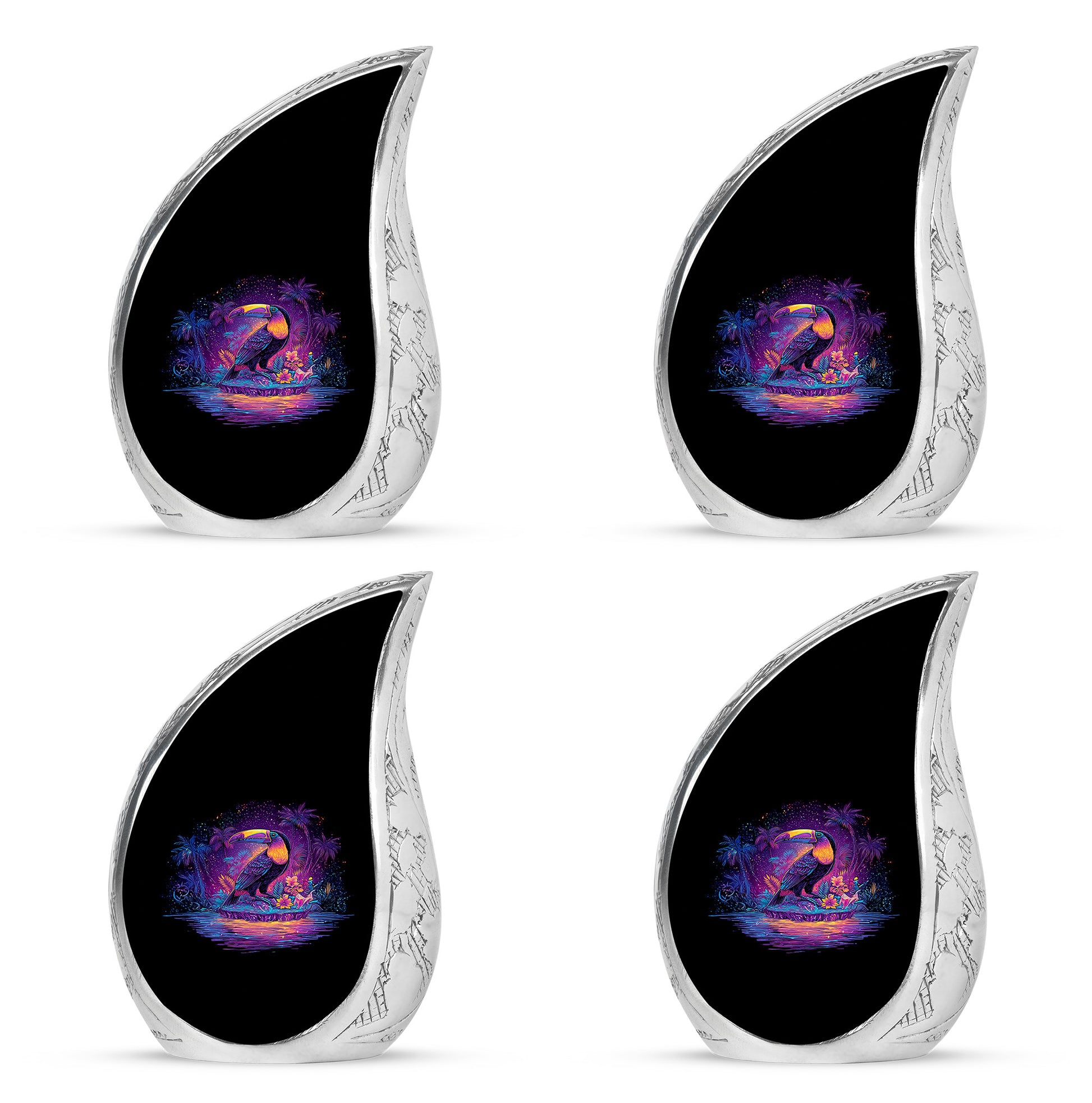 Ebony Hornbill Cremation Urn close-up of engraving and surface detail - flowing teardrop hornbill silhouette on curved aluminum - 10 inch aluminum urn for cremated remains