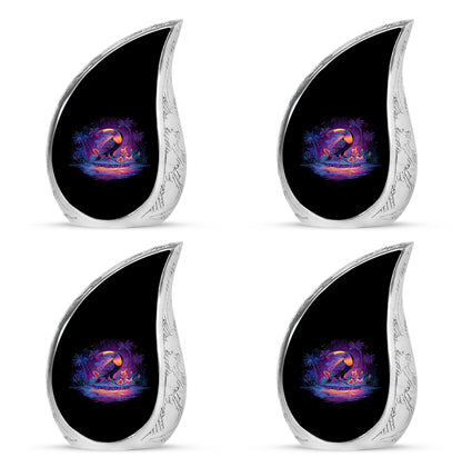 Ebony Hornbill Cremation Urn close-up of engraving and surface detail - flowing teardrop hornbill silhouette on curved aluminum - 10 inch aluminum urn for cremated remains