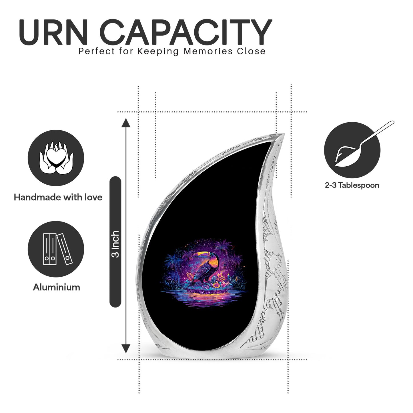 Onyx Black Hornbill Cremation Urn angled view of lid and engraved motif - smooth teardrop contour featuring hornbill art - mini keepsake memorial for portion of cremation ashes