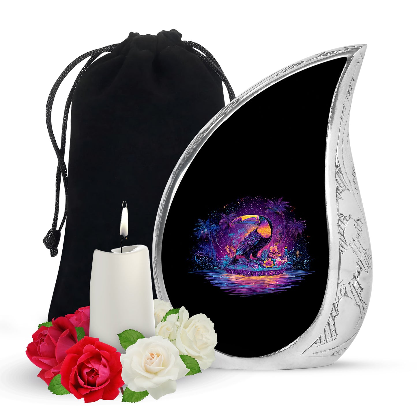 Jet Black Hornbill Cremation Urn front view showing detailed design - rounded teardrop hornbill design with delicate detail - full-size 10 inch 200 cubic inch adult cremation urn