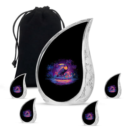Obsidian Black Hornbill Cremation Urn side profile showing urn shape - smooth teardrop contour featuring hornbill art - memorial set with one large and four small urns