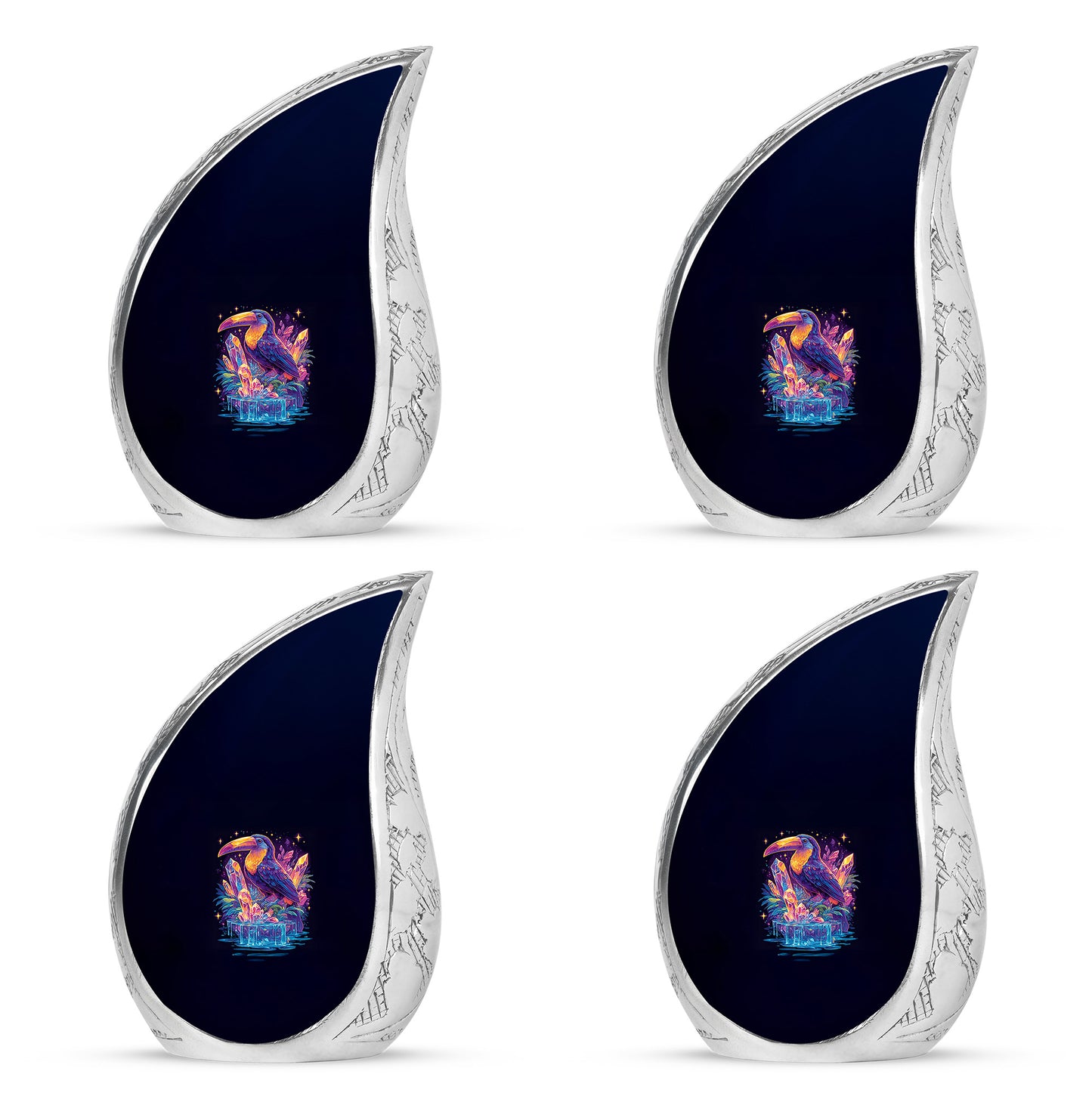 Twilight Blue Hornbill Cremation Urn close-up of engraving and surface detail - graceful tear-shaped urn with hornbill motif - 10 inch aluminum urn for cremated remains