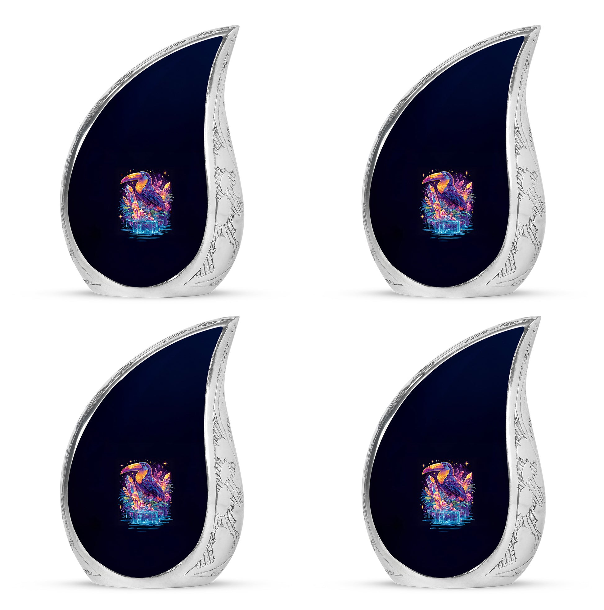 Twilight Blue Hornbill Cremation Urn close-up of engraving and surface detail - graceful tear-shaped urn with hornbill motif - 10 inch aluminum urn for cremated remains