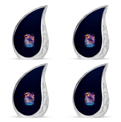 Twilight Blue Hornbill Cremation Urn close-up of engraving and surface detail - graceful tear-shaped urn with hornbill motif - 10 inch aluminum urn for cremated remains